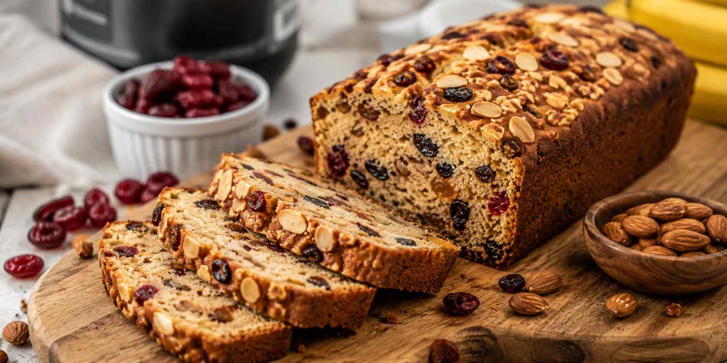 Healthy homemade protein fruit cake made with oats, dried fruit and nuts